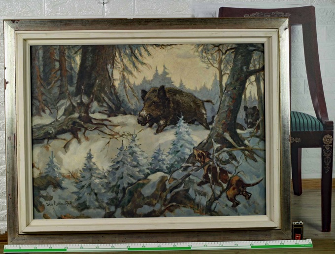 Jakob Fischer Rhein 1888-1976 Jagd Ölgemälde Wildschwein Hund Wald Schnee Winter
