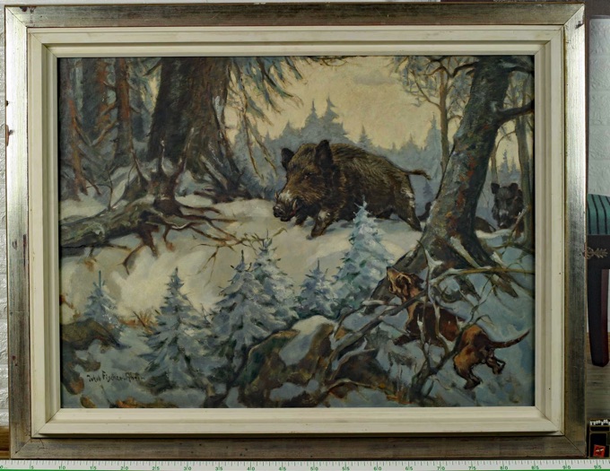 Jakob Fischer Rhein 1888 1976 Ölgemälde Jagd Wildschwein Hund Wald Schnee