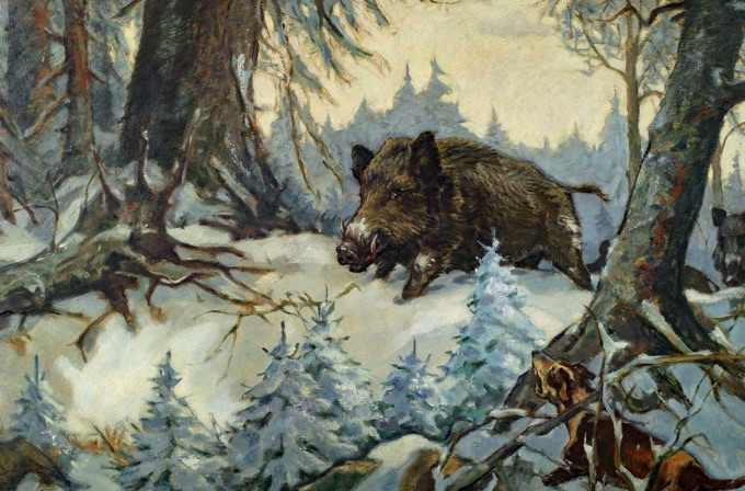 Jakob Fischer Rhein 1888 1976 Ölgemälde Jagd Wildschwein Hund Wald Schnee