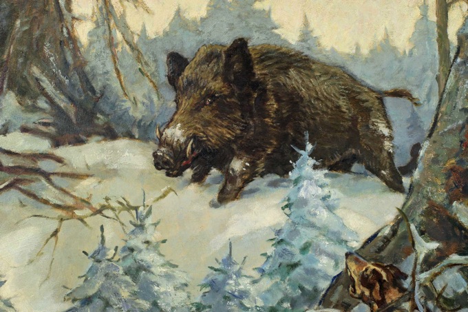 Jakob Fischer Rhein 1888 1976 Ölgemälde Jagd Wildschwein Hund Wald Schnee