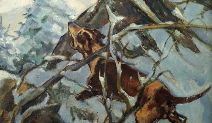 Jakob Fischer Rhein 1888 1976 Ölgemälde Jagd Wildschwein Hund Wald Schnee