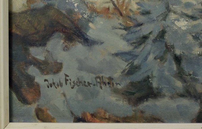 Jakob Fischer Rhein 1888 1976 Ölgemälde Jagd Wildschwein Hund Wald Schnee