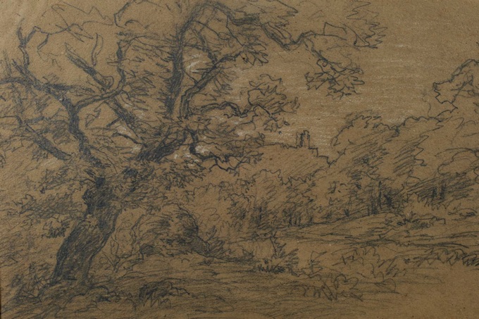 Jakob Maurer antike Zeichnung Wald Landschaft Burg