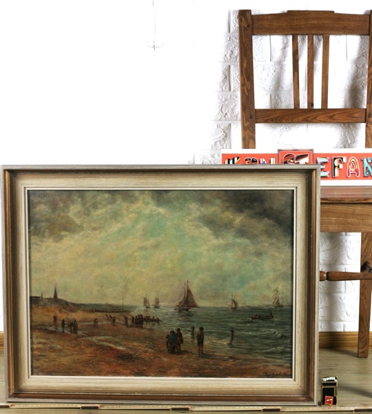 Julius Dielmann antikes Ölgemälde Strand Krabbenfischer Schiffe Meer Impressionist