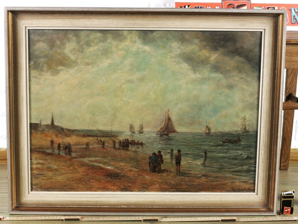 Julius Dielmann antikes Ölgemälde Strand Krabbenfischer Schiffe Meer Impressionist