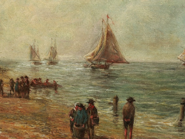 Julius Dielmann antikes Ölgemälde Strand Krabbenfischer Schiffe Meer Impressionist