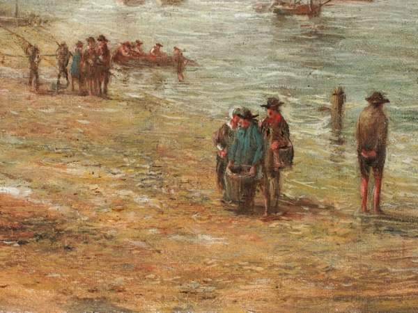 Julius Dielmann antikes Ölgemälde Strand Krabbenfischer Schiffe Meer Impressionist