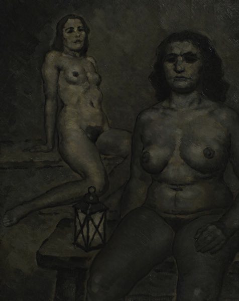 Kofron Ölgemälde Grisaille 2 Hexen Akt nackt Memento Mori entartete Kunst 1940er