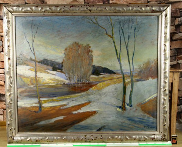 F. Kraus oder Krause Ölgemälde antik 1900-1949 Winterlandschaft expressiv Bäume