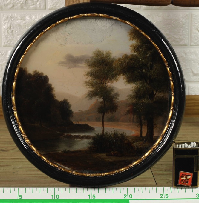 L. Berger 1836 Hinterglas Malerei Landschaft Romantiker Fluss Schloss Burger rund