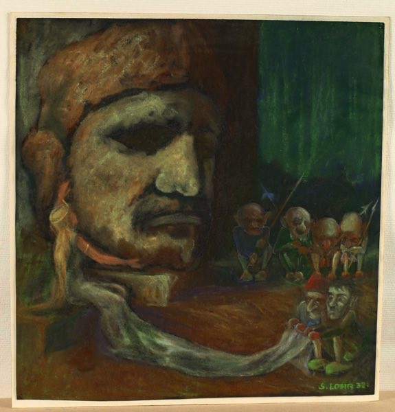 Lohr datiert 1932 Pastell Gemälde Zwerge Fee Mythologie akademisch Surrealist