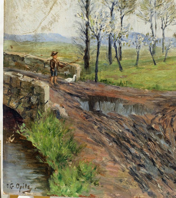 Opitz Ölgemälde antik Gans Gänsejunge Landschaft