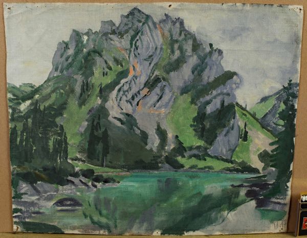 Ölgemälde antik von 1917 Alpensee Landschaft Alpen Berge See Impressionist