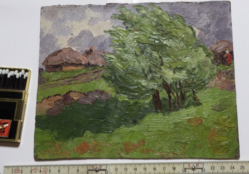 Ölgemälde antik Dorf Bäume signiert 1906 Impressionist