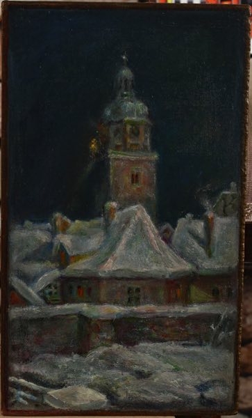 Ölgemälde antik Stadtansicht Winter Schnee Nacht Stadtmauer Häuser Kirche
