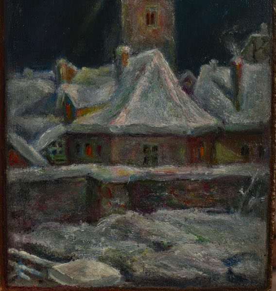 Ölgemälde antik Stadt Kirche Winter Schnee Stadtmauer