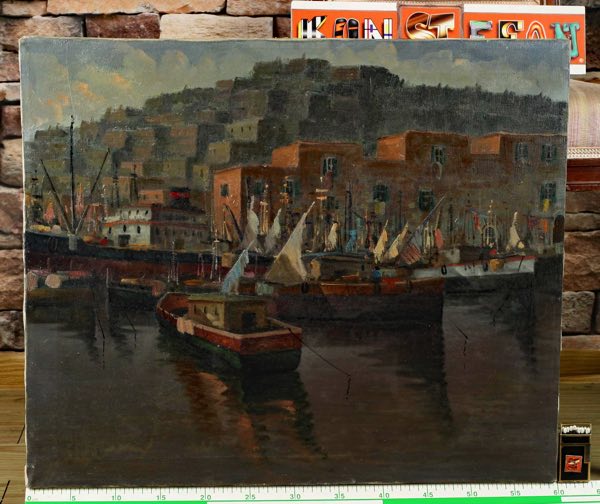 Ölgemälde älter Hafen Boote Schiffe
