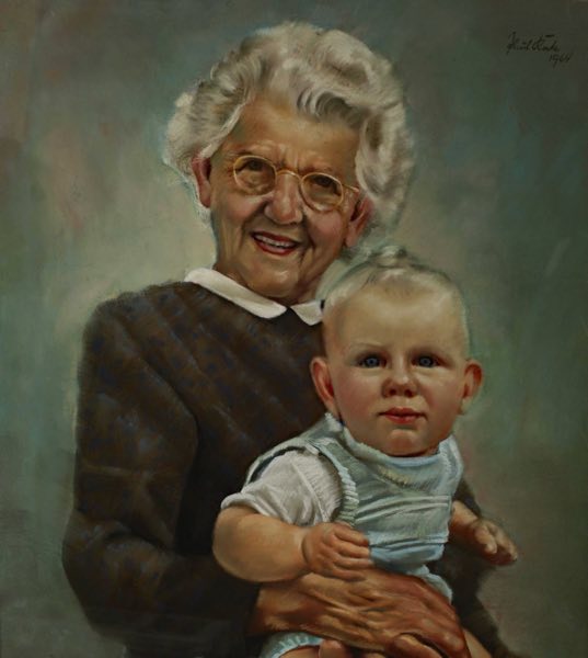 Paul Keck 1904-1973 Pastell Gemälde von 1964 Portrait Oma Omi Enkel Kind Baby