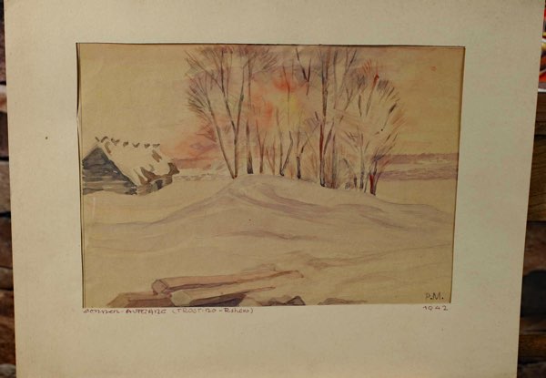 Paul Mayr Aquarell 1942  Sonnenaufgang Trostino Russland Weltkrieg Kriegsmalerei