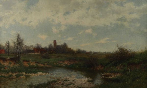 Philipp Ludwig Herrmann 1841-1894 Ölgemälde antik Dorf Landschaft Bach Moor