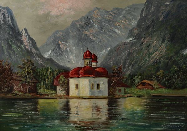 unleserlich signiert Ölgemälde älter Königssee mit St. Bartholomä und Watzmann