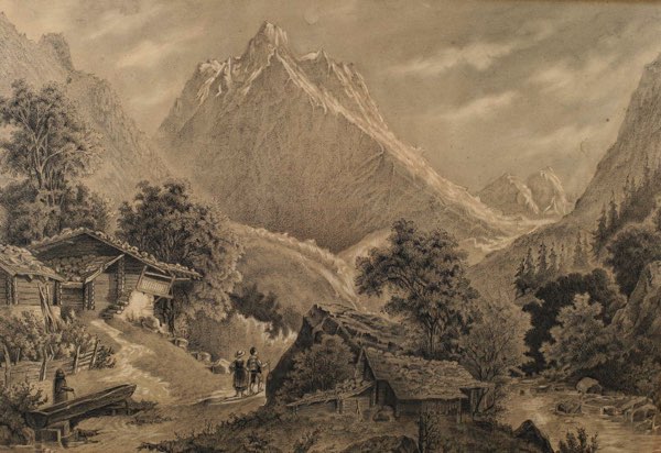 Romantiker Zeichnung antik Berge Landschaft