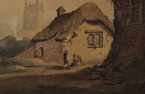 Zuschreibung Samuel Prout 1783-1852 Aquarell antik Stadtansicht Turm Personen