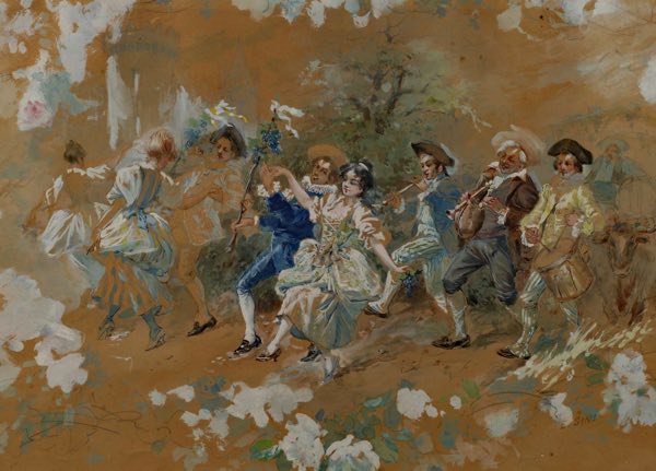 E. Sins Aquarell Malerei antik tanzende Gesellschaft Frankreich Rokoko