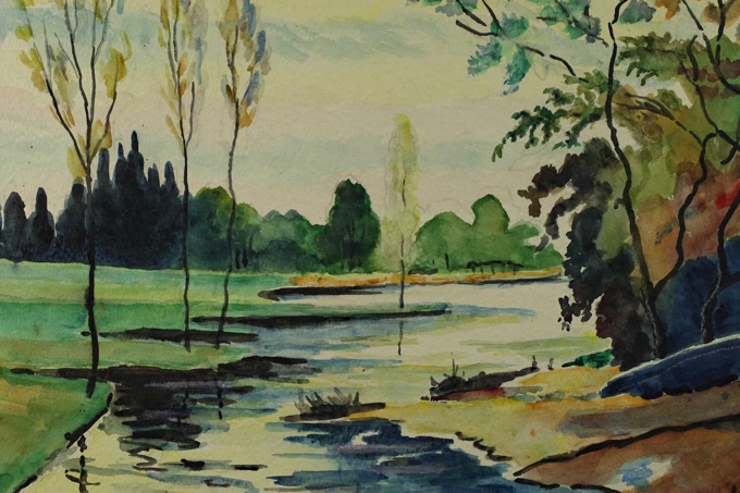 Soptil Aquarell älter Flusslandschaft