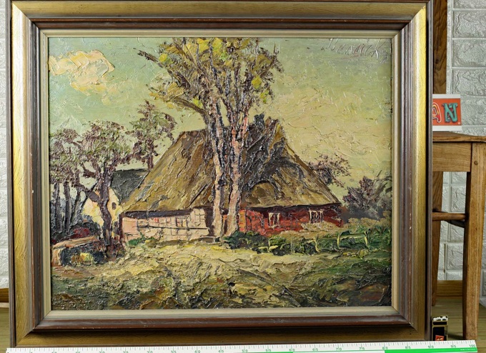 Spachteltechnik Ölgemälde reetsgedecktes Haus signiert