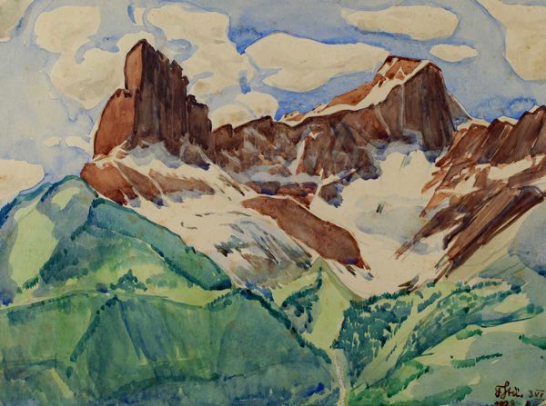 F. Stü Aquarell Stürn antik von 1928 Alpen Schweiz Landschaft Olpen Oftringen