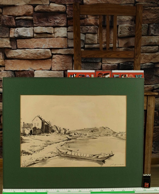 unleserlich signiert 1944 antike Tusche Zeichnung Fluss am Dorf Boot akademisch