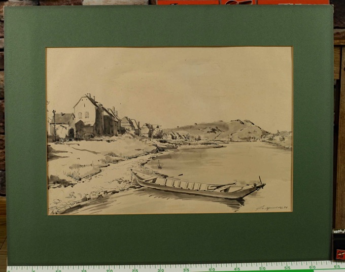 Tusche Zeichnung von 1944 Boot Dorf
