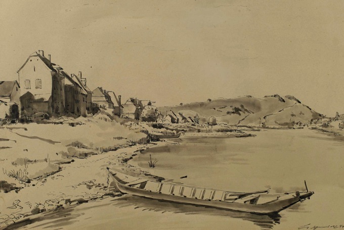 Tusche Zeichnung von 1944 Boot Dorf