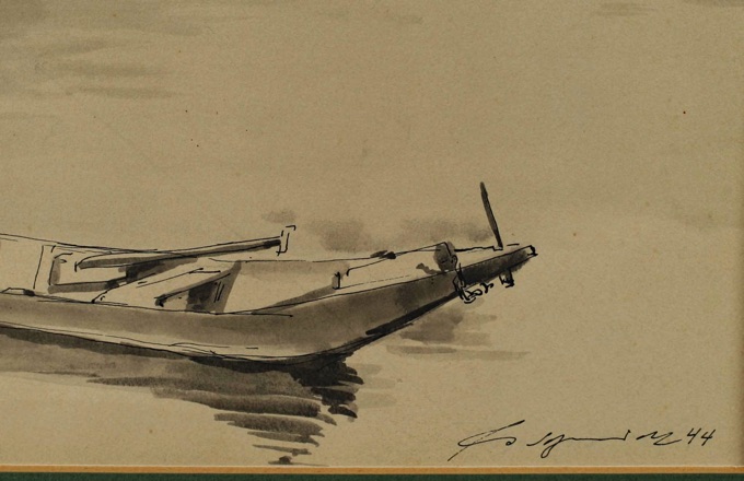 Tusche Zeichnung von 1944 Boot Dorf
