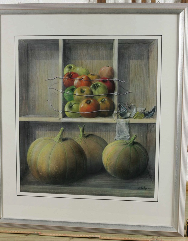 Walter Heckmann Gemälde Tempera Acryl Stillleben Kürbis Äpfel Muscheln
