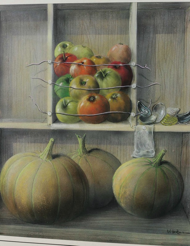 Walter Heckmann Gemälde Tempera Acryl Stillleben Kürbis Äpfel Muscheln