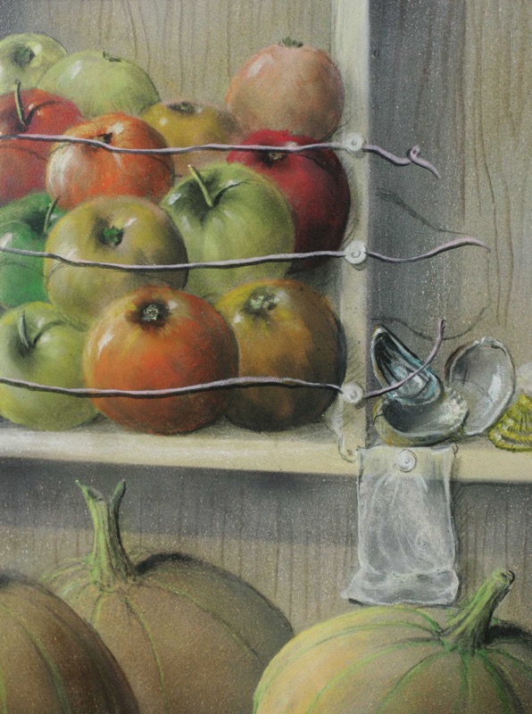 Walter Heckmann Gemälde Tempera Acryl Stillleben Kürbis Äpfel Muscheln
