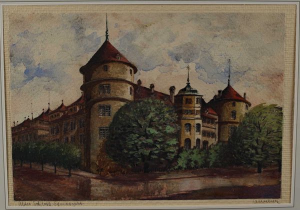 unleserlich A. Weber Aquarell Malerei antik altes Schloss Stuttgart