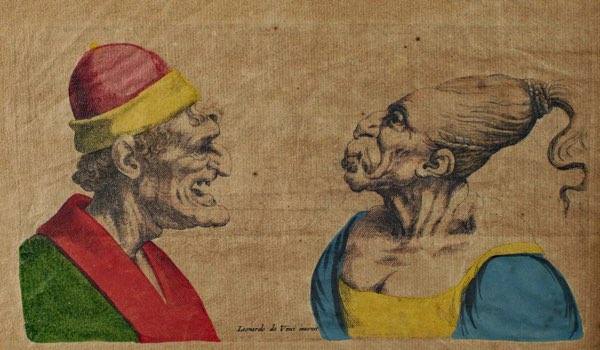antike colorierte Radierung groteske Köpfe Leonardo da Vinci Wenzel Hollar 1