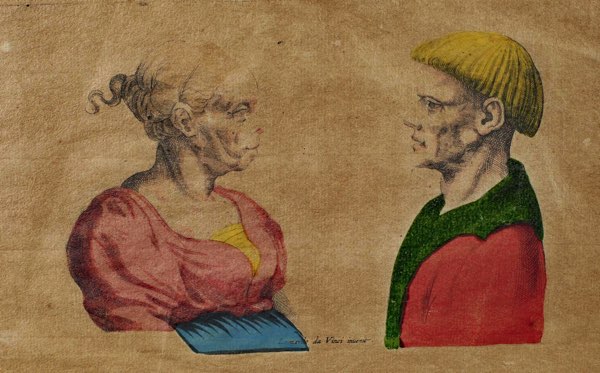 antike colorierte Radierung groteske Köpfe Leonardo da Vinci Wenzel Hollar 2