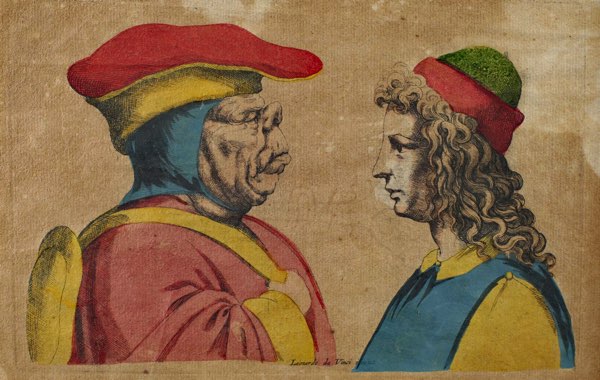 antike colorierte Radierung groteske Köpfe Leonardo da Vinci Wenzel Hollar 3