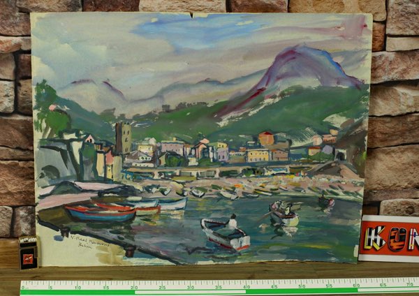 Wilhelm Raab 1907-1989 Gouache Malerei älter Monterosso al Mare Panorama Italien