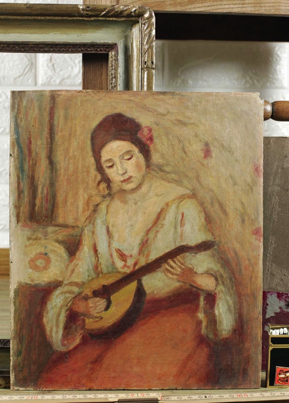 beidseitig bemaltes antikes Ölgemälde Portrait Frau Gitarre