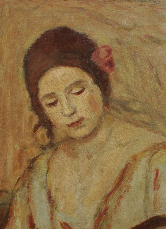 beidseitig bemaltes antikes Ölgemälde Portrait Frau Gitarre