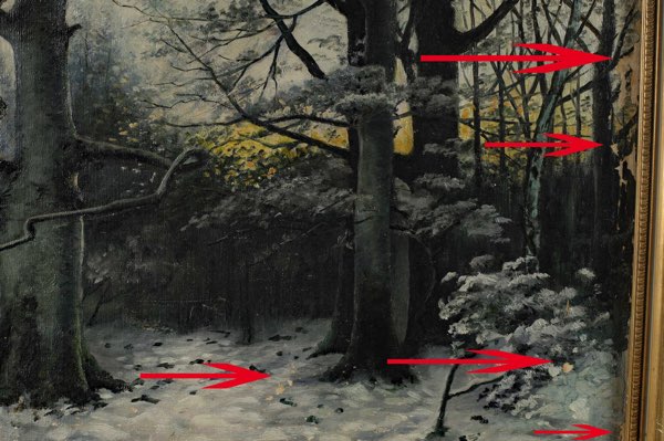 beschädigtes Ölgemälde Wald Winter