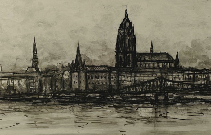 signiert Aquarell Frankfurt am Main Dom Eiserner Steg
