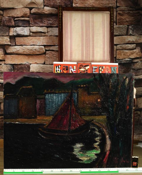 signiert Expressionist Ölgemälde Segelschiff Hafen