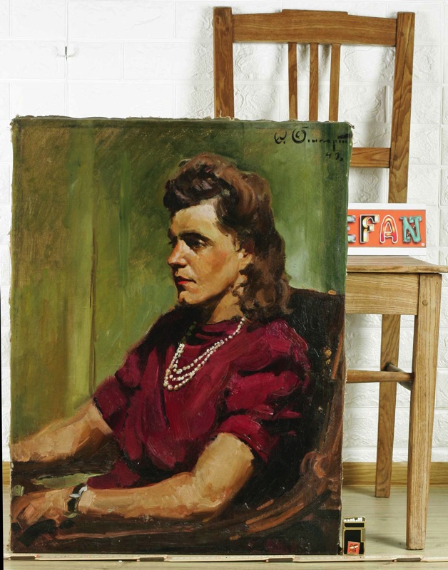 signiert Ölgemälde Portrait Frau Sessel 1943