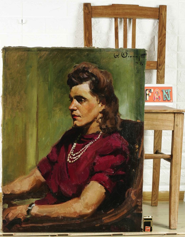 signiert Ölgemälde Portrait Frau Sessel 1943